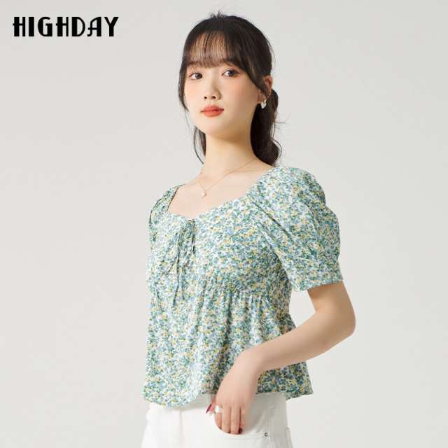 Highday Xuanri 2024 summer new square collar bow tie top for women short-sleeved retro floral shirt