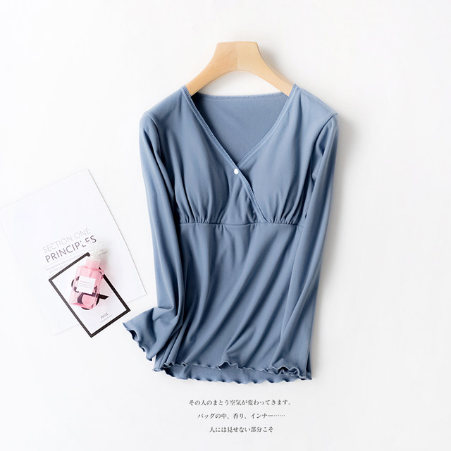 With chest pad, German velvet pregnant women's warm nursing long-sleeved autumn coat bottoming shirt plus velvet autumn and winter nursing inner T-shirt