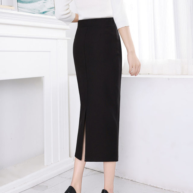 Black hip skirt with half-length skirt with one-step skirt with a slit summer professional commuting OL long skirt with elastic slim size to make you look thin
