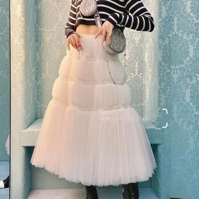 Spring and summer new princess fluffy skirt lace stitching mesh cake skirt mid -length A -line skirt cute fairy
