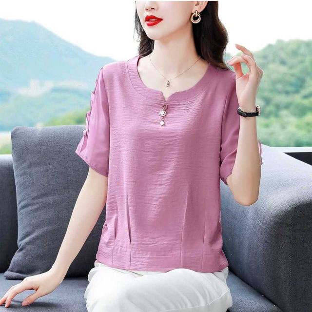Korean large-size loose chiffon shirt for women 2024 spring and summer new style 7-quarter sleeve fashionable V-neck T-shirt ruffled lace shirt
