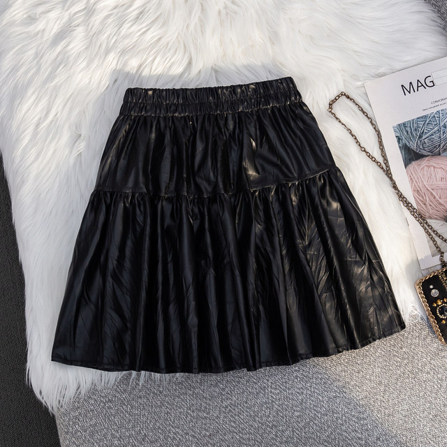 Hot Girl Wind Bow Retro Pu Pippen Skirt Female Autumn New high -waisted pleated folds A -line skirt