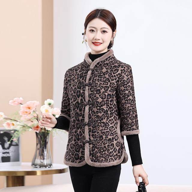 Middle-aged and elderly mothers autumn and winter new style medium-sleeved velvet thickened flower cotton coat women's short stand-up collar thickened half-sleeved vest