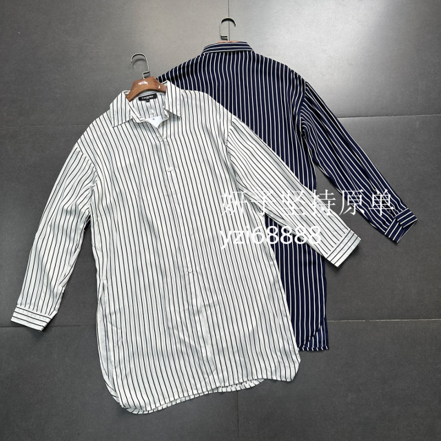 Foreign trade pure raw chiffon striped long sun protection white, black, blue versatile mid-length loose long-sleeved shirt