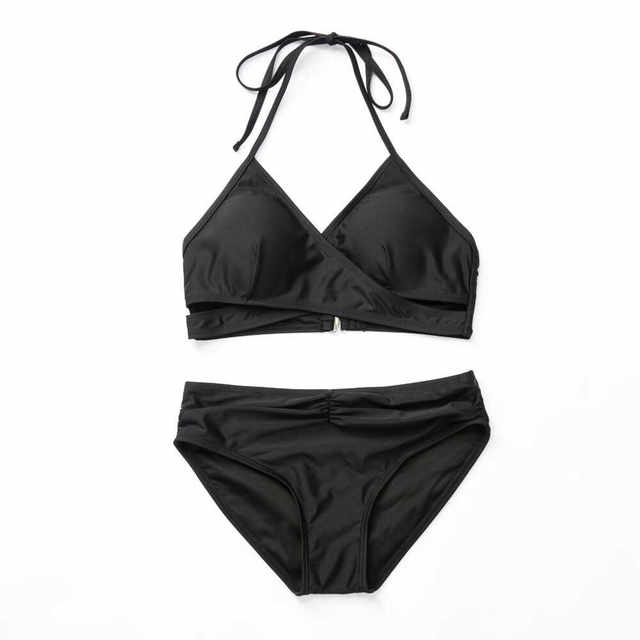 Women's Standard Art Exam Swimsuit Set Solid Color Tight Briefs Pure Black No LOGO Bikini Slim Halter