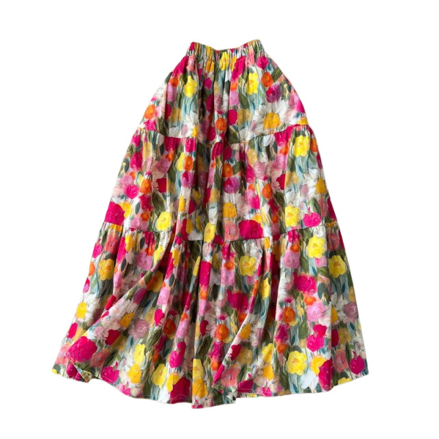 Oil painting printed skirt French retro niche design high waist fluffy skirt colorful mid-length floral skirt