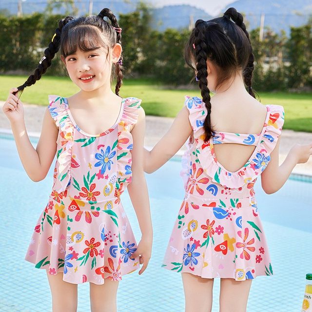 Girls' swimsuit one-piece skirt-style split shorts conservative hot spring student girl children's cute swimwear
