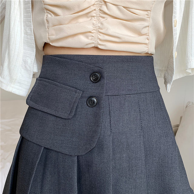 New high-waisted gray pleated skirt for women plus size fat mm slimming A-line skirt autumn and winter fat black short skirt