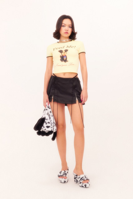 Nodress Spring and Summer Yellow Round Neck Short Sleeve Top Cartoon Yorkshire FeedMe Letter Print Tight T-shirt