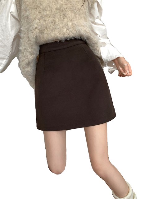 Black woolen short skirt for women in autumn new versatile Korean version high waist slim straight A-line skirt hip-covered skirt