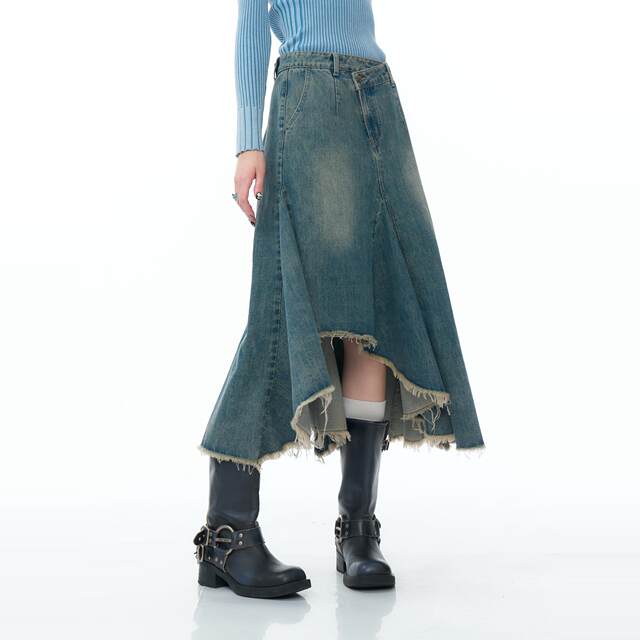 ziziFei American style irregular skirt mid-length high-waisted slim blue denim skirt for women
