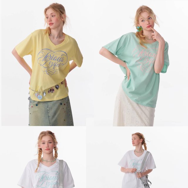 ziziFei summer American retro grey basic letter print V-neck loose large top short-sleeved T-shirt for women