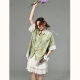 ziziFei summer American design plaid spliced ​​lace hem top green plaid short-sleeved shirt for women
