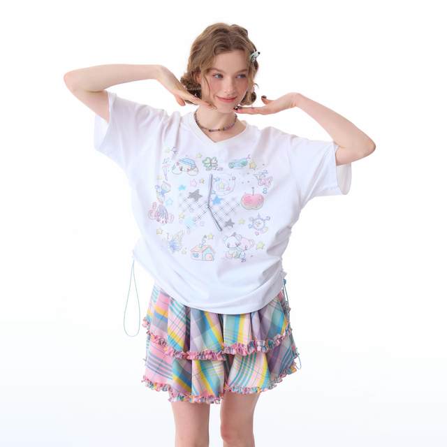 ziziFei summer new slim American retro design cartoon printed pattern V-neck top short-sleeved T-shirt for women
