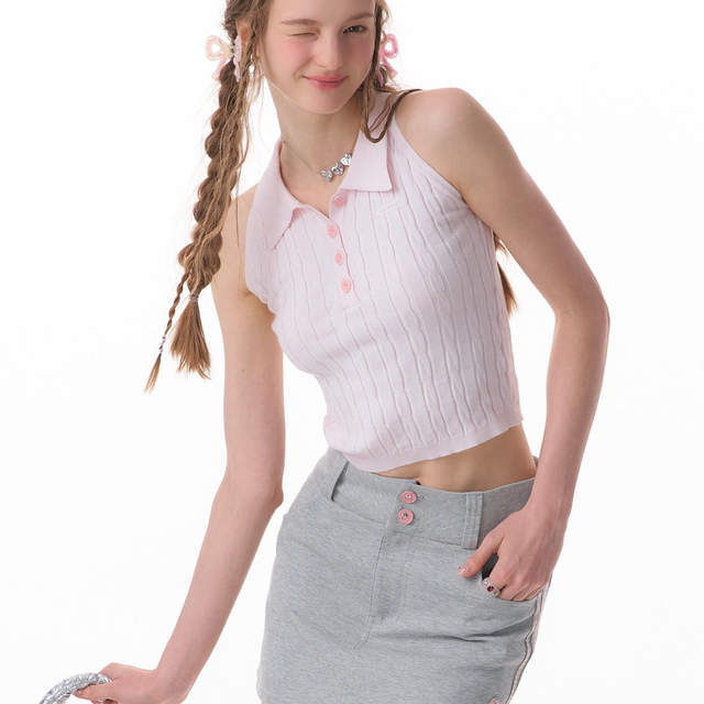 ziziFei summer new American retro sleeveless top short outer wear slim polo neck knitted vest for women