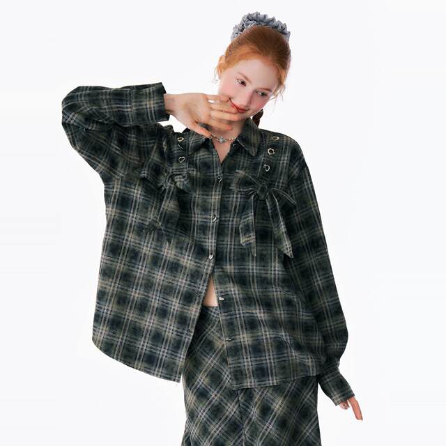 ziziFei autumn and winter retro design bow plaid thickened loose plaid shirt jacket for women