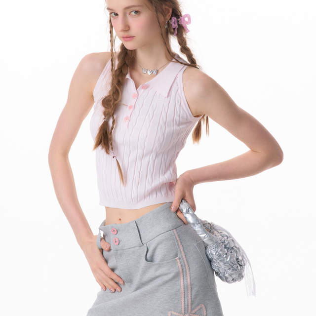 ziziFei summer new American retro sleeveless top short outer wear slim polo neck knitted vest for women