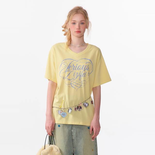 ziziFei summer American retro grey basic letter print V-neck loose large top short-sleeved T-shirt for women
