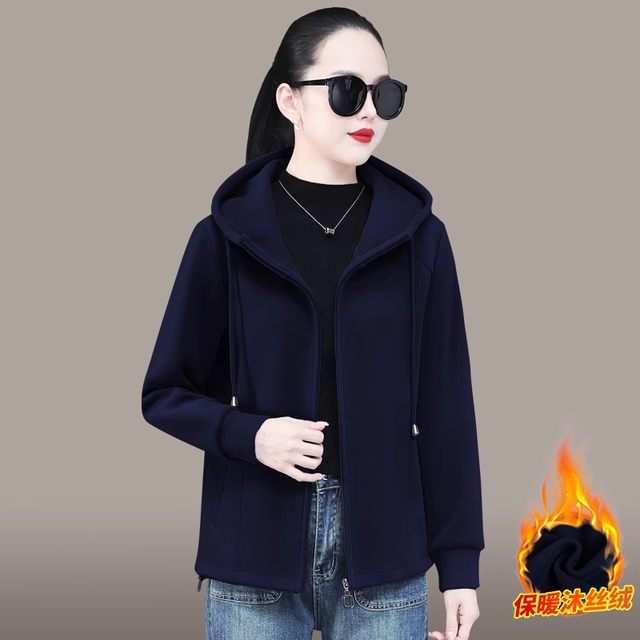
Women's fleece jacket autumn and winter 2025 new age-reducing thickened long-sleeved cardigan sweatshirt hooded top solid color versatile