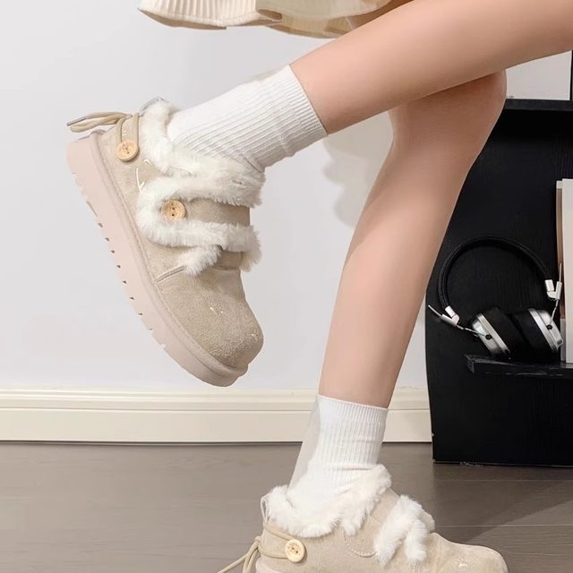 Pull-back snow boots for women 2025 new winter velvet thickened warm cotton shoes one-legged outer wear furry shoes