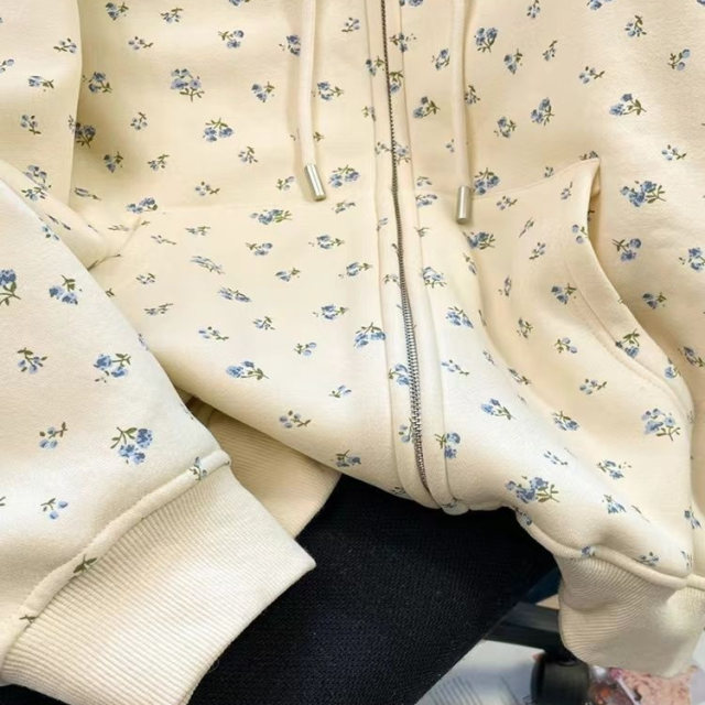 Korean chic floral sweet sweatshirt coat for women's autumn new loose lazy style casual hooded cardigan top
