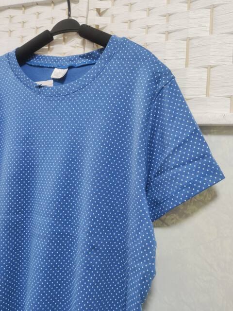 Summer large stretch women's short-sleeved round neck pullover large size top T-shirt for women's summer blue polka dot 94