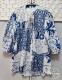Summer women's large size chiffon white blue printed quarter sleeve stand-up collar button-up shirt 1216