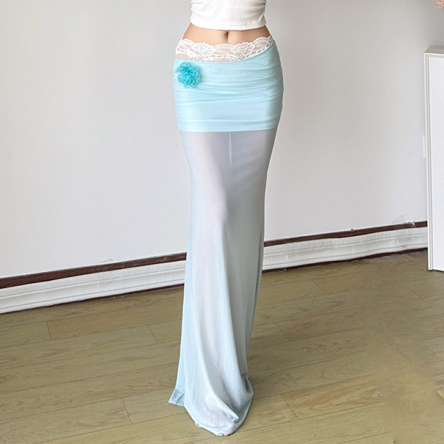 ROCKMORE three-dimensional flower vacation blue mesh skirt lace spliced ​​hip-packing skirt