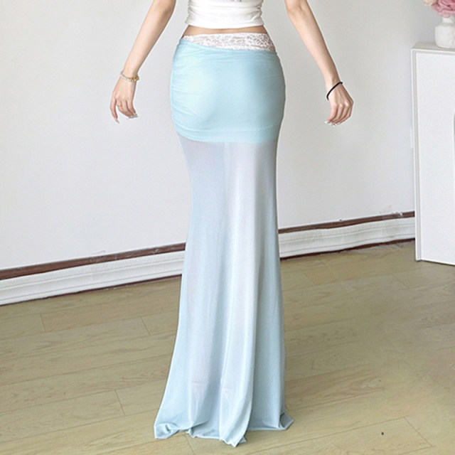 ROCKMORE three-dimensional flower vacation blue mesh skirt lace spliced ​​hip-packing skirt