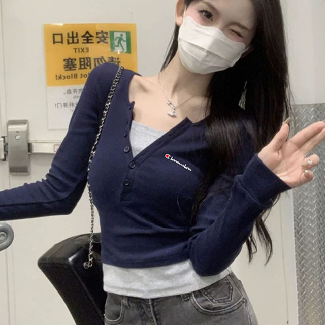 Champion Rainbow Contrast Color V-neck Fake Two-Piece Long Sleeve T-shirt Women's New Spring and Autumn Base Shirt Slim Slim Sweet Top