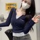 Champion Rainbow Contrast Color V-neck Fake Two-Piece Long Sleeve T-shirt Women's New Spring and Autumn Base Shirt Slim Slim Sweet Top