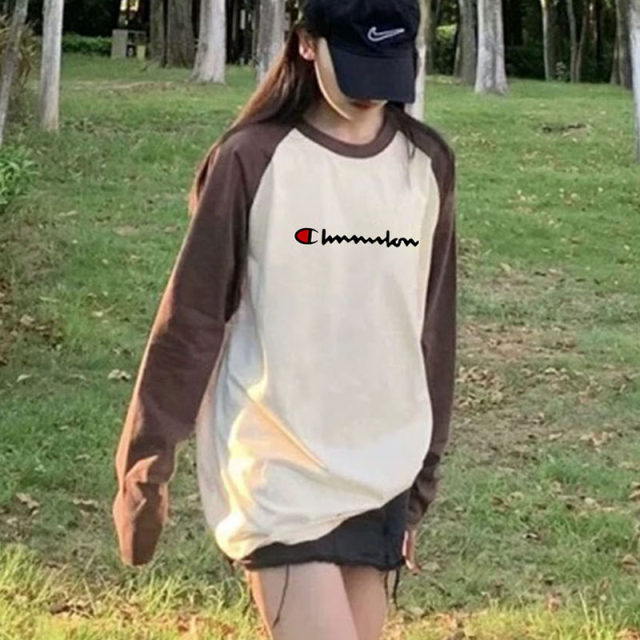 Champion Rainbow Ragnarok round neck thin long-sleeved T-shirt for women's spring pure cotton sweatshirt loose pullover splicing top trendy