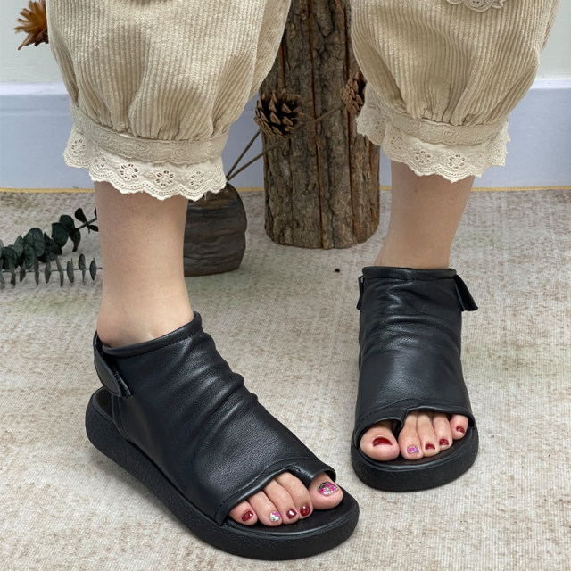 Retro thick -bottomed female sandals new summer leather women's shoes handmade low -heeled soft bottom high -top high -top Roman boots tide