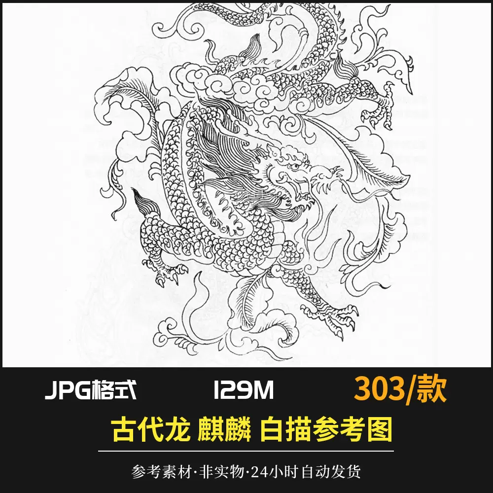 古代东方龙麒麟白描工笔画参考中国龙绘画临摹线稿素材电子