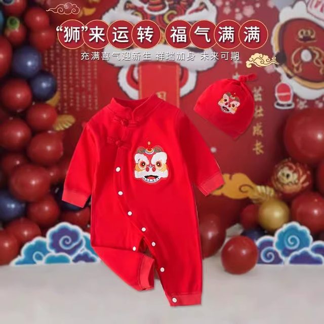 Newborn baby jumpsuit 100-day party one-year-old clothes baby girl full moon festive New Year's greetings clothes red romper