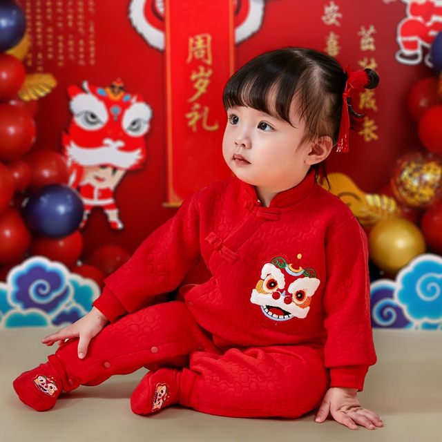 Newborn baby jumpsuit 100-day party one-year-old clothes baby girl full moon festive New Year's greetings clothes red romper