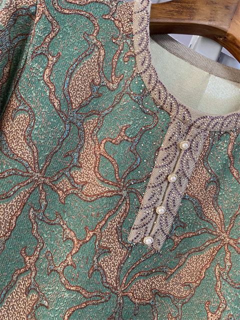 Middle-aged and elderly jacquard T-shirt mothers spring and autumn clothes large size round neck thin silk long sleeve knitted base shirt top for women