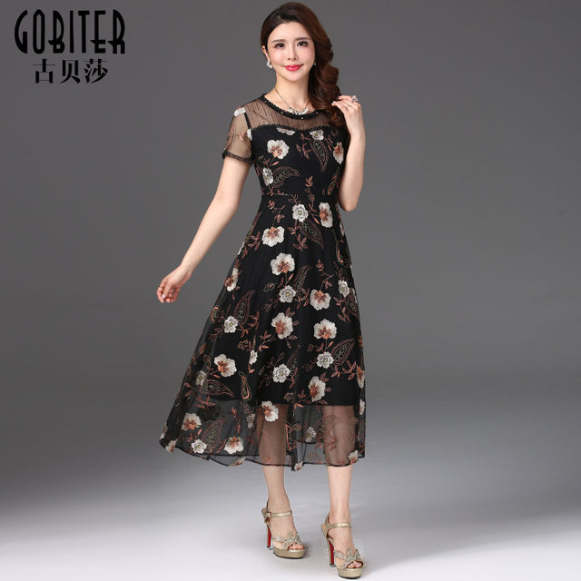 Gu Beisha summer handmade stitching fashion showing thin net gauze embroidery mother dress temperament dress long skirt
