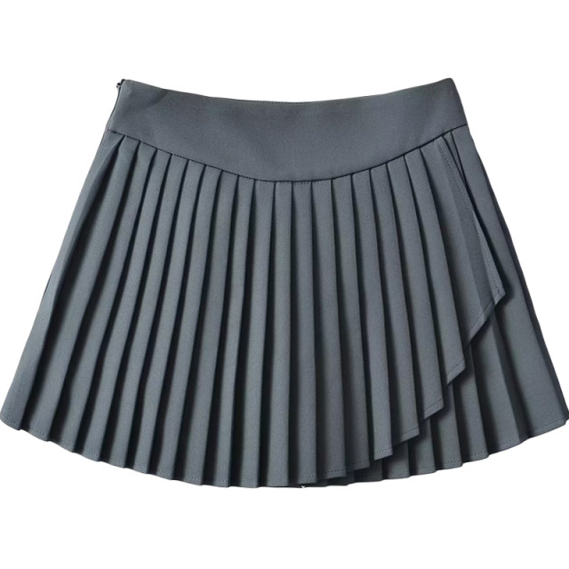 Cotton retro irregular length and short high waist pleated skirt, personalized girlish anti-exposure side zipper long-legged A-line skirt