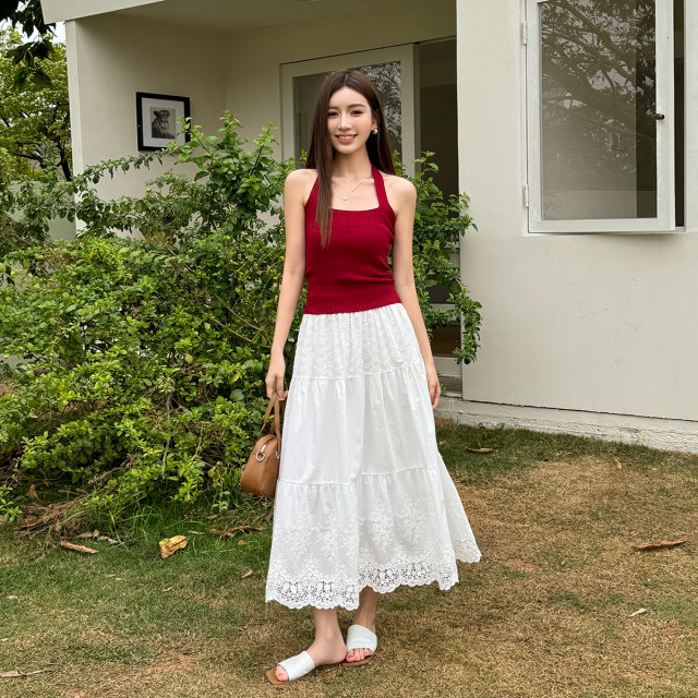 Light cloth-toned spring and summer lace embroidered skirt hooked cotton A-line large umbrella skirt white vacation style skirt