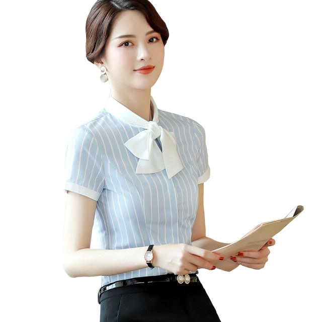 Bow striped shirt for women in summer 2024 new professional suit small fresh short-sleeved top Korean style base shirt
