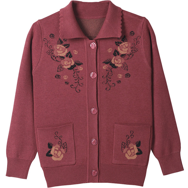 Elderly women's sweater women's 60 and 70 years old autumn and winter cardigan coat plus velvet lapel wool sweater top clothes