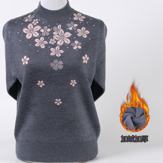 Middle-aged and elderly women's autumn and winter sweaters thickened and warm half turtleneck pullover plus velvet knitted bottoming sweater