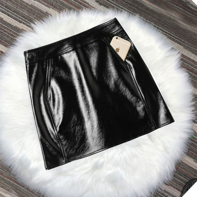 Spring and Autumn New Patent Leather Skirt Covering Hips PU Patent Leather Bright Leather Zipper Short Skirt High Waist Versatile Slimming Skirt