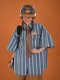 C2 homemade/retro wash striped denim half-sleeved top summer loose cartoon old thin short-sleeved shirt ins