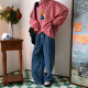 C2 homemade/vintage style cartoon embroidered plaid shirt retro Hong Kong style loose shirt fun salt top ins