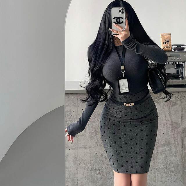 YoungGirlDay Korean pure style high waist slim flocking polka dot mid-length hip-cover skirt with belt