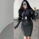 YoungGirlDay Korean pure style high waist slim flocking polka dot mid-length hip-cover skirt with belt