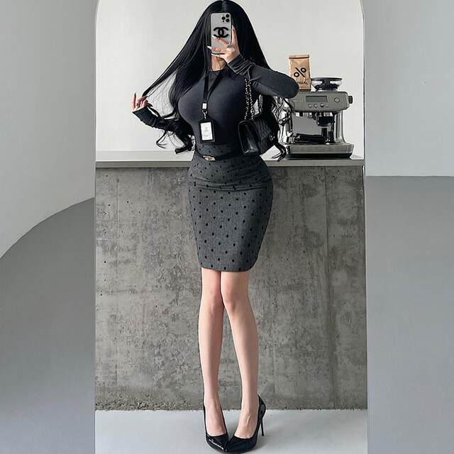 YoungGirlDay Korean pure style high waist slim flocking polka dot mid-length hip-cover skirt with belt