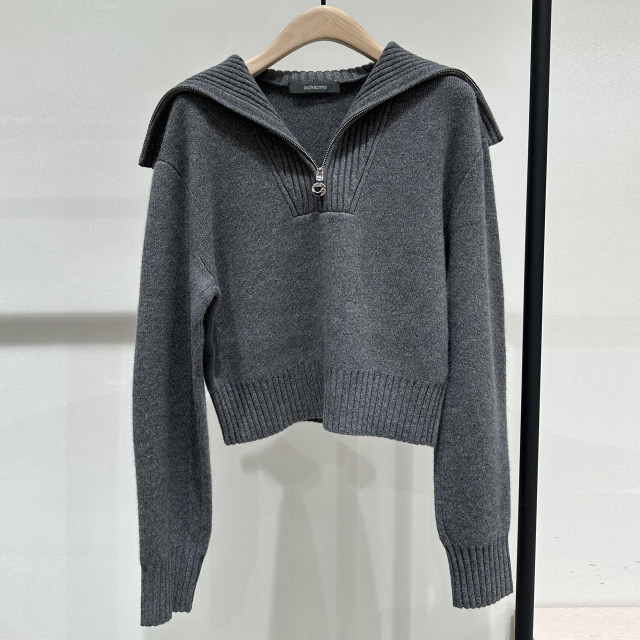 Okomo joint zipper large lapel short sweater jacket 2024 winter new product
